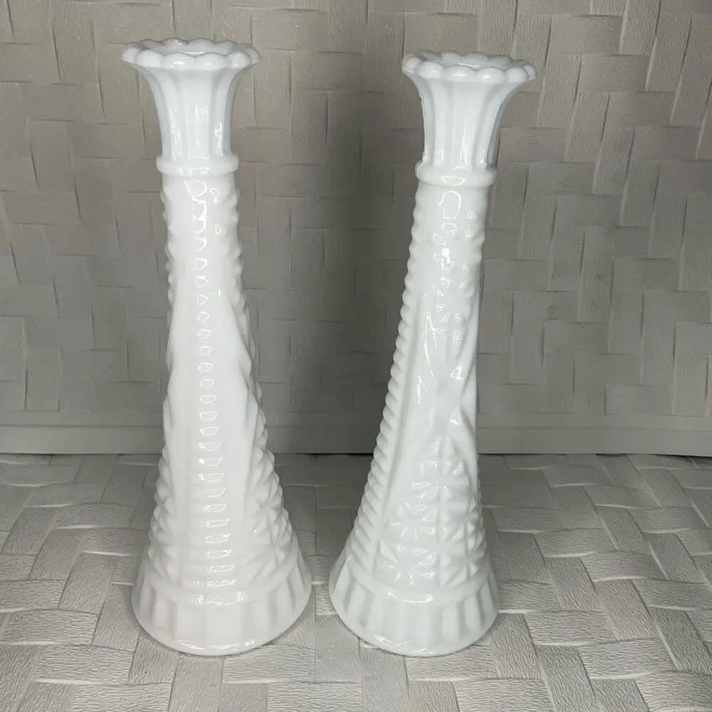 Vintage Set of 2 Two Vases Anchor Hocking Milk Glass Bud Vase -Stars and Bars 9”